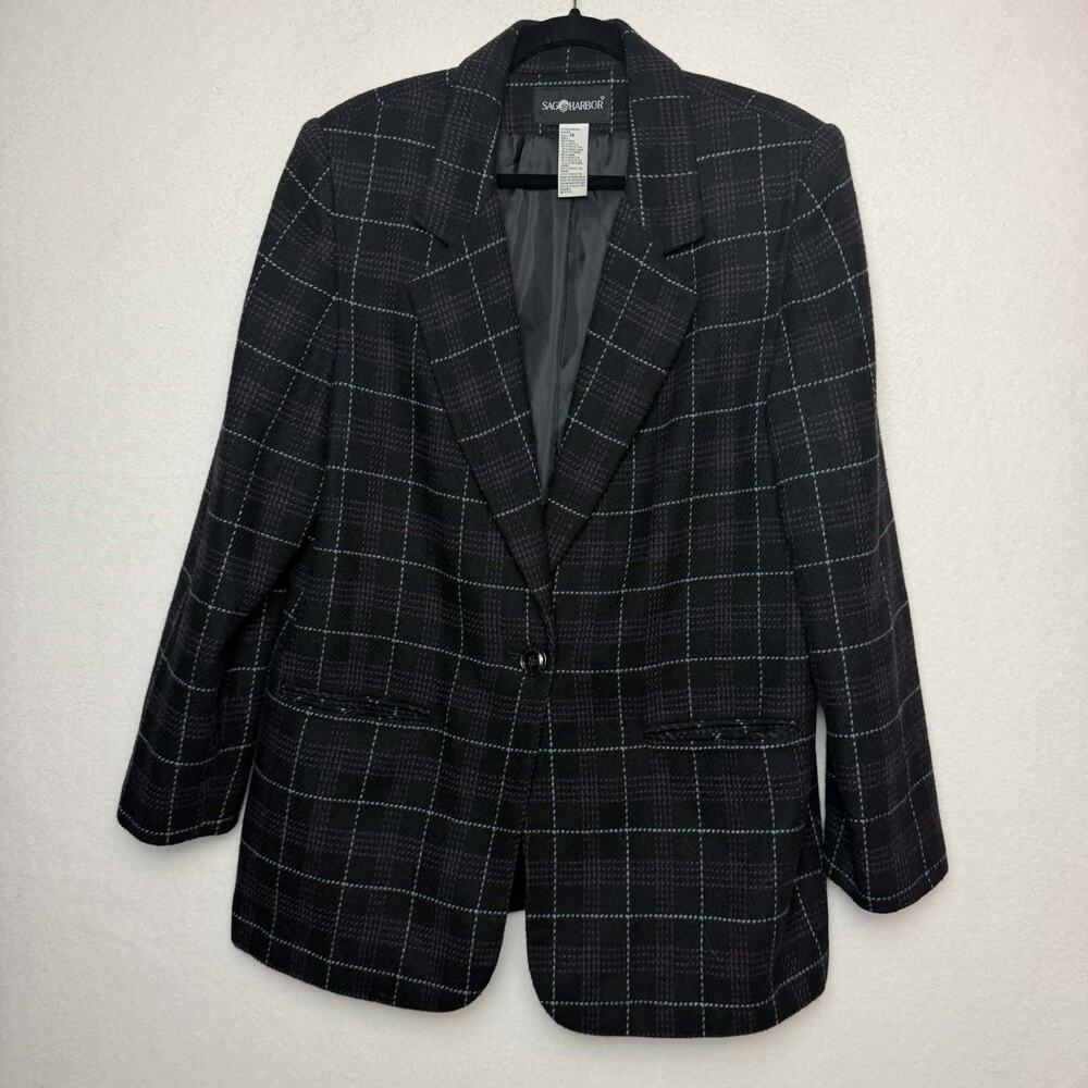 VTG Sag Harbor Wool Blend Plaid Blazer Black Purple Size 14 Dark Academia 90s